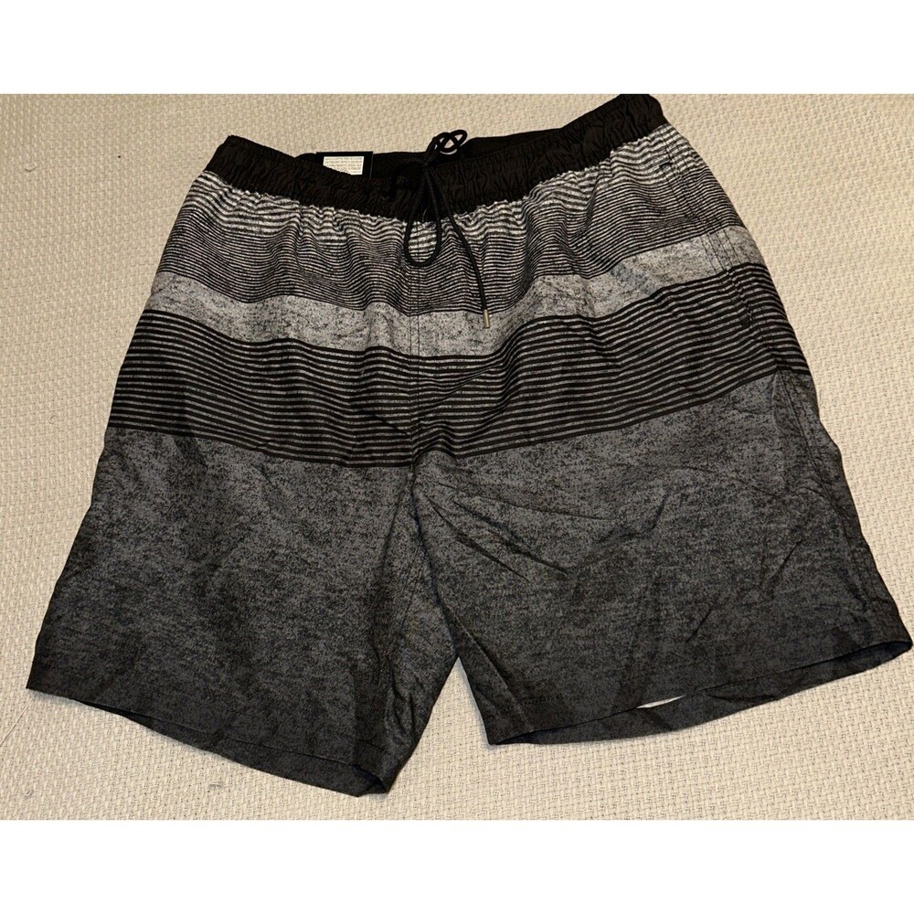 Kirkland Signature Men's Stretch Swim Shorts, Grey/Black Stripes Size Large NWT